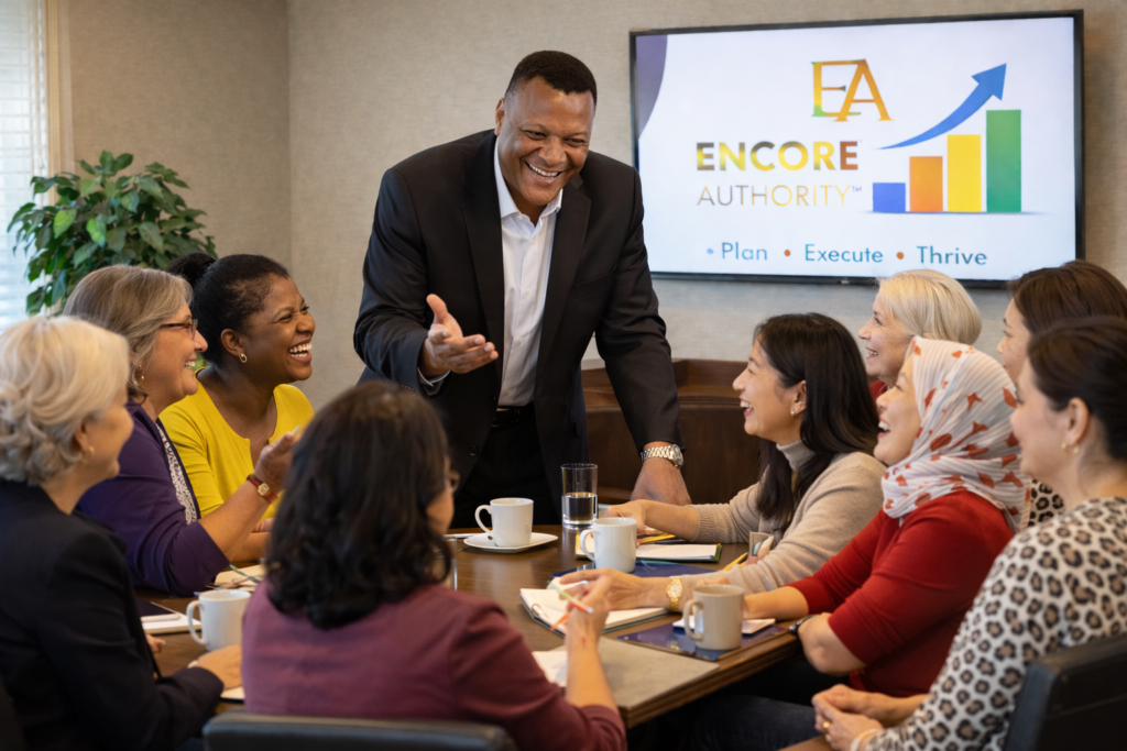 Randy Powell leading a mastermind discussion with a small group of women in the room.